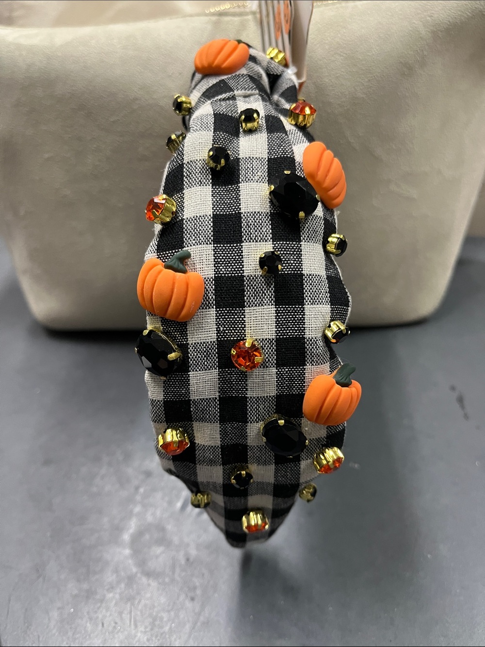 NWT Piper Black & White Gingham Headband with Orange Pumpkin Accents - Picture 5 of 5